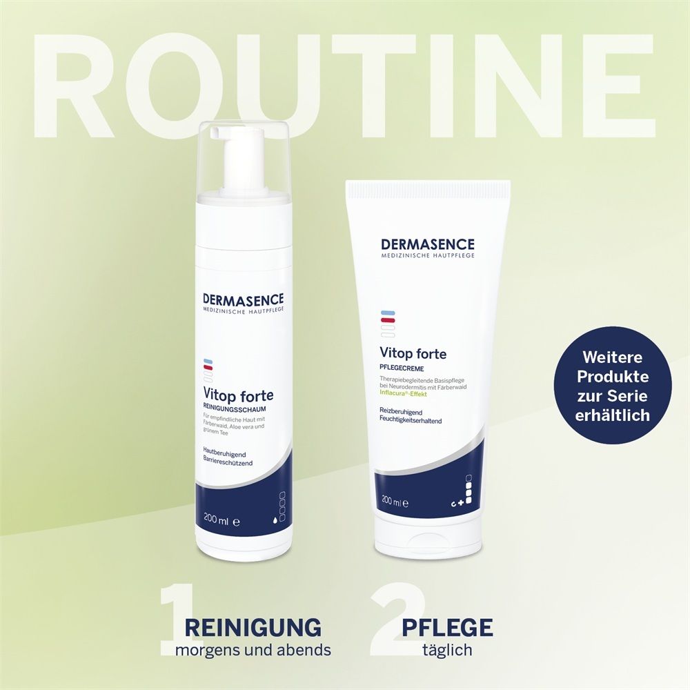 DERMASENCE Vitop forte Reinigungsschaum und Pflegecreme. Routine: Reinigung morgens und abends, Pflege täglich.