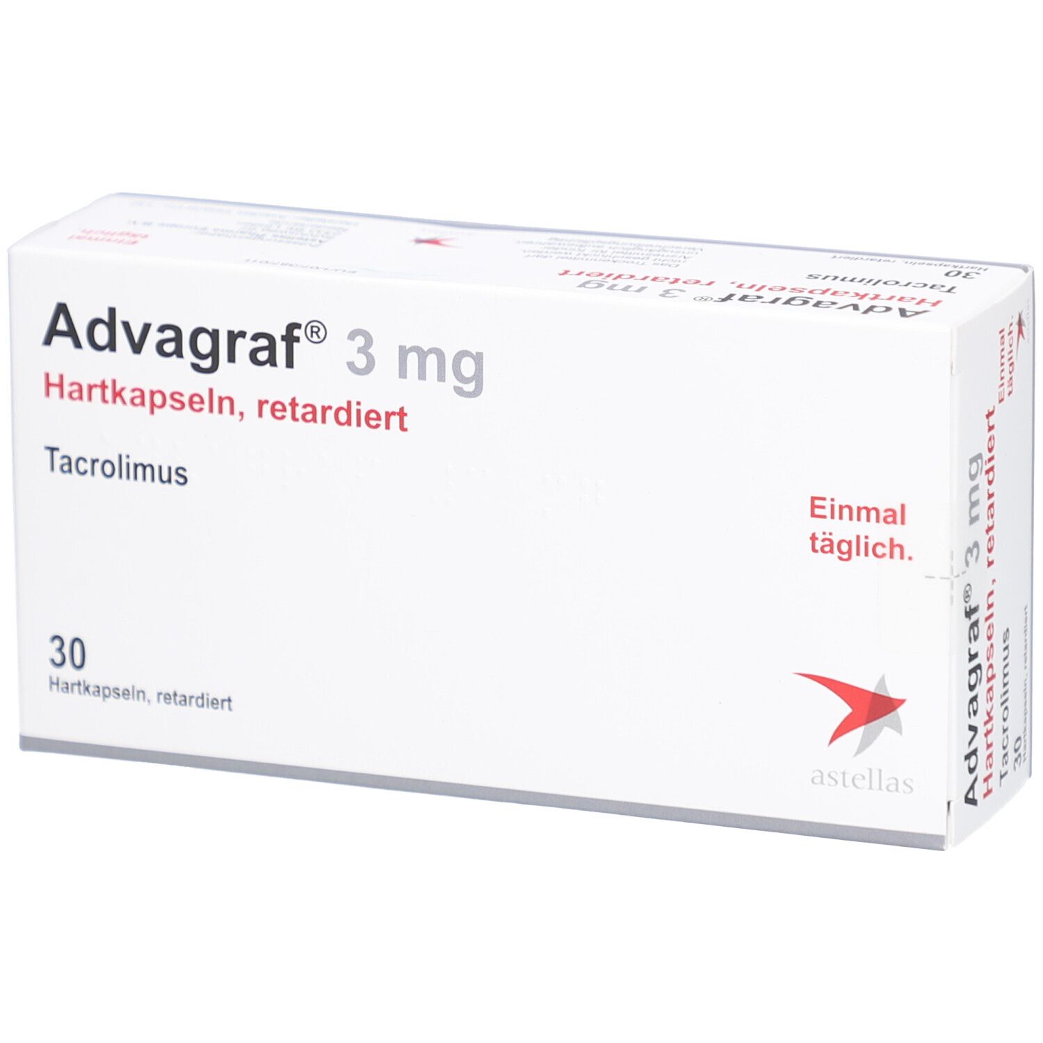 Weiße Schachtel mit ADVAGRAF® 3 mg Hartkapseln retardiert. Aufschrift: Tacrolimus, 30 Hartkapseln, retardiert. Astellas Logo.