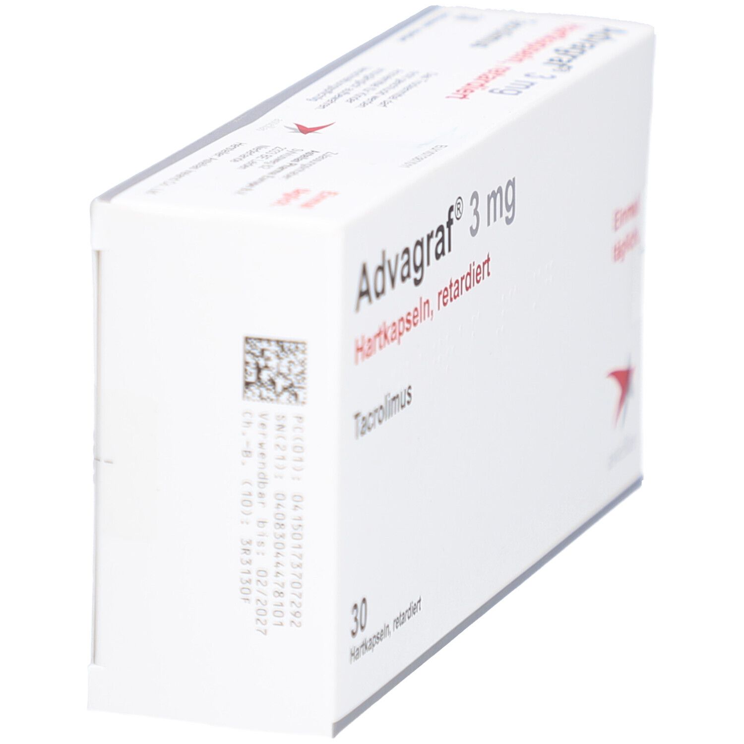 Advagraf 3 mg Hartkapseln retardiert, Tacrolimus, 30 Kapseln. Rückseite mit Barcode und Chargennummer.