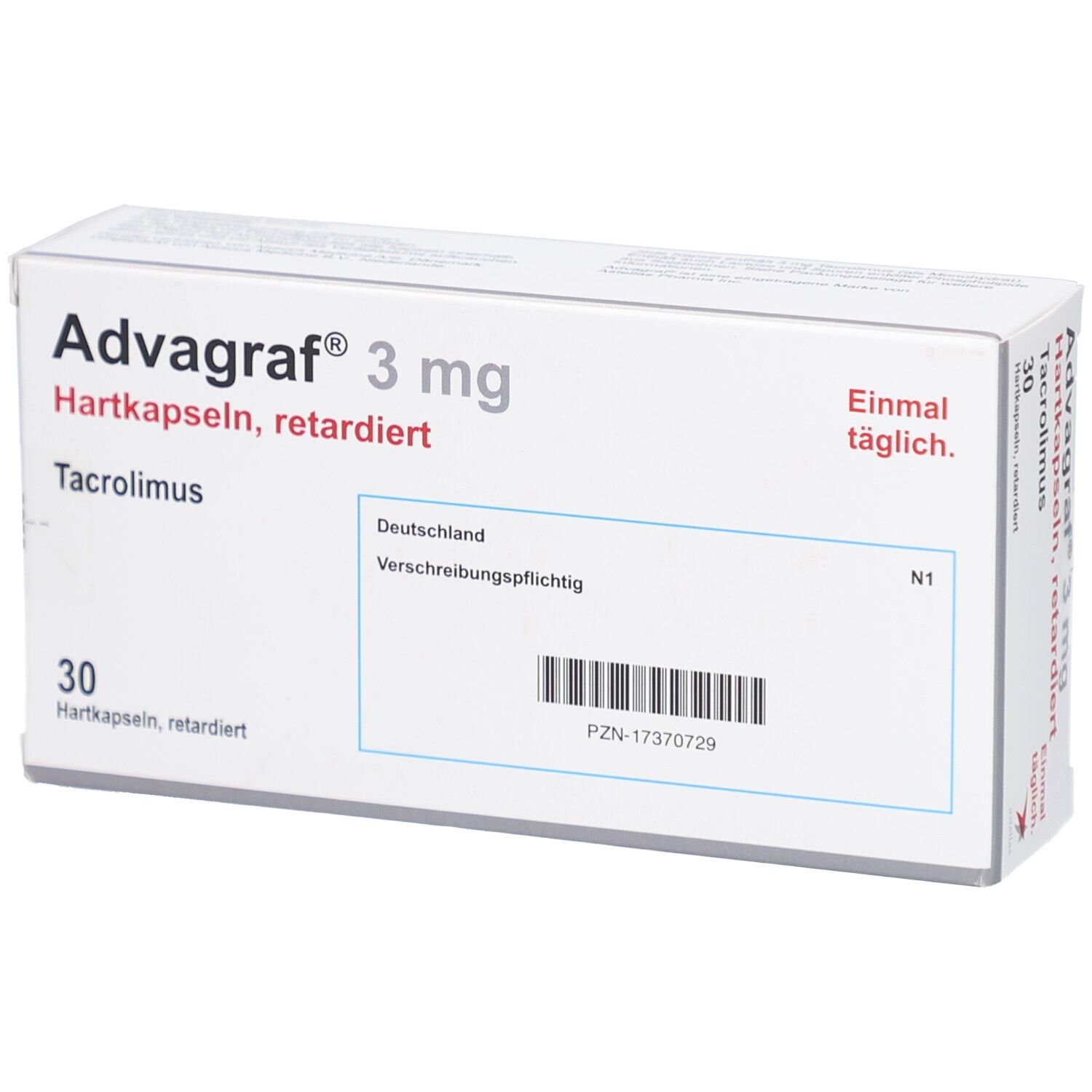 Weiße Schachtel ADVAGRAF® 3 mg Hartkapseln retardiert. Aufschrift: Tacrolimus, 30 Hartkapseln, retardiert. Mit Informationen zur Verschreibung.