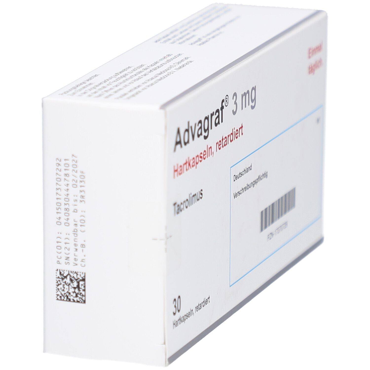 Schachtel ADVAGRAF® 3 mg Hartkapseln retardiert. Aufschrift: Tacrolimus, 30 Hartkapseln, retardiert. Mit Barcode und weiteren Informationen.