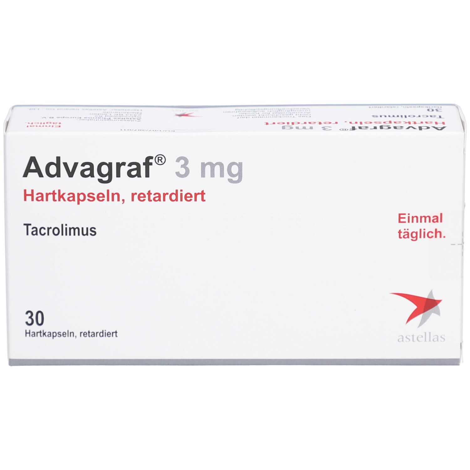 Weiße Schachtel ADVAGRAF® 3 mg Hartkapseln retardiert. Aufschrift: Tacrolimus, 30 Hartkapseln, retardiert. Astellas Logo.