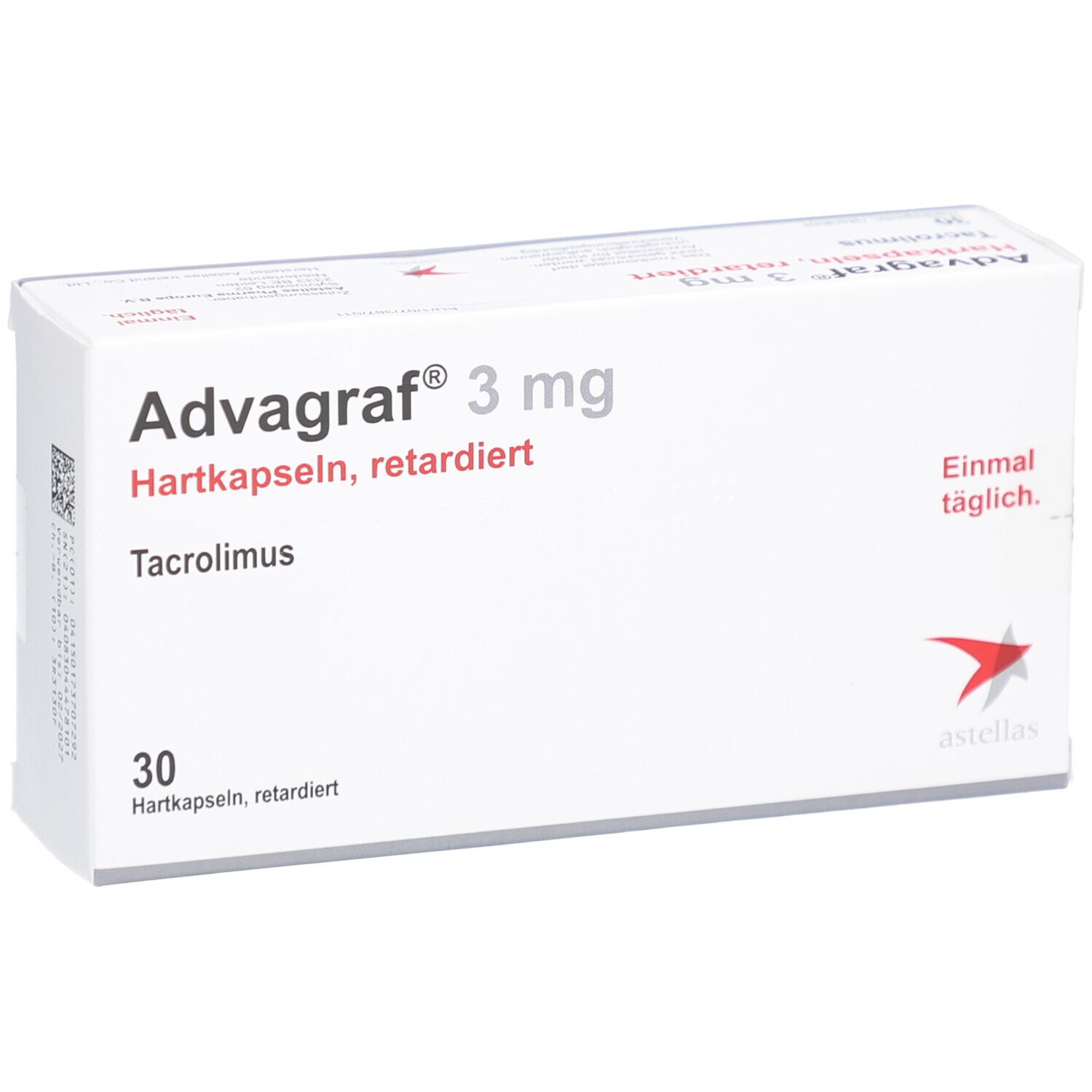 Weiße Schachtel ADVAGRAF® 3 mg Hartkapseln retardiert. Aufschrift: Tacrolimus, 30 Hartkapseln, retardiert. Astellas Logo.