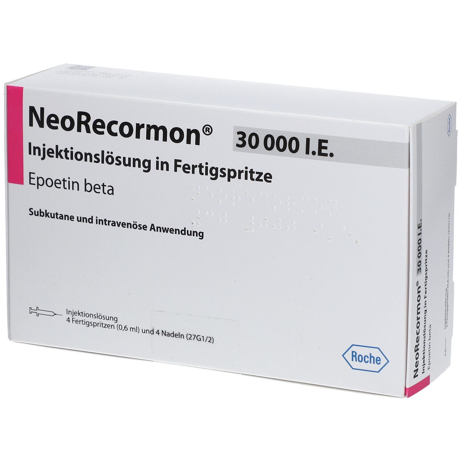 Weiße Faltschachtel mit NeoRecormon 30.000 I.E. Aufschrift. Enthält Injektionslösung in Fertigspritze. Roche Logo.