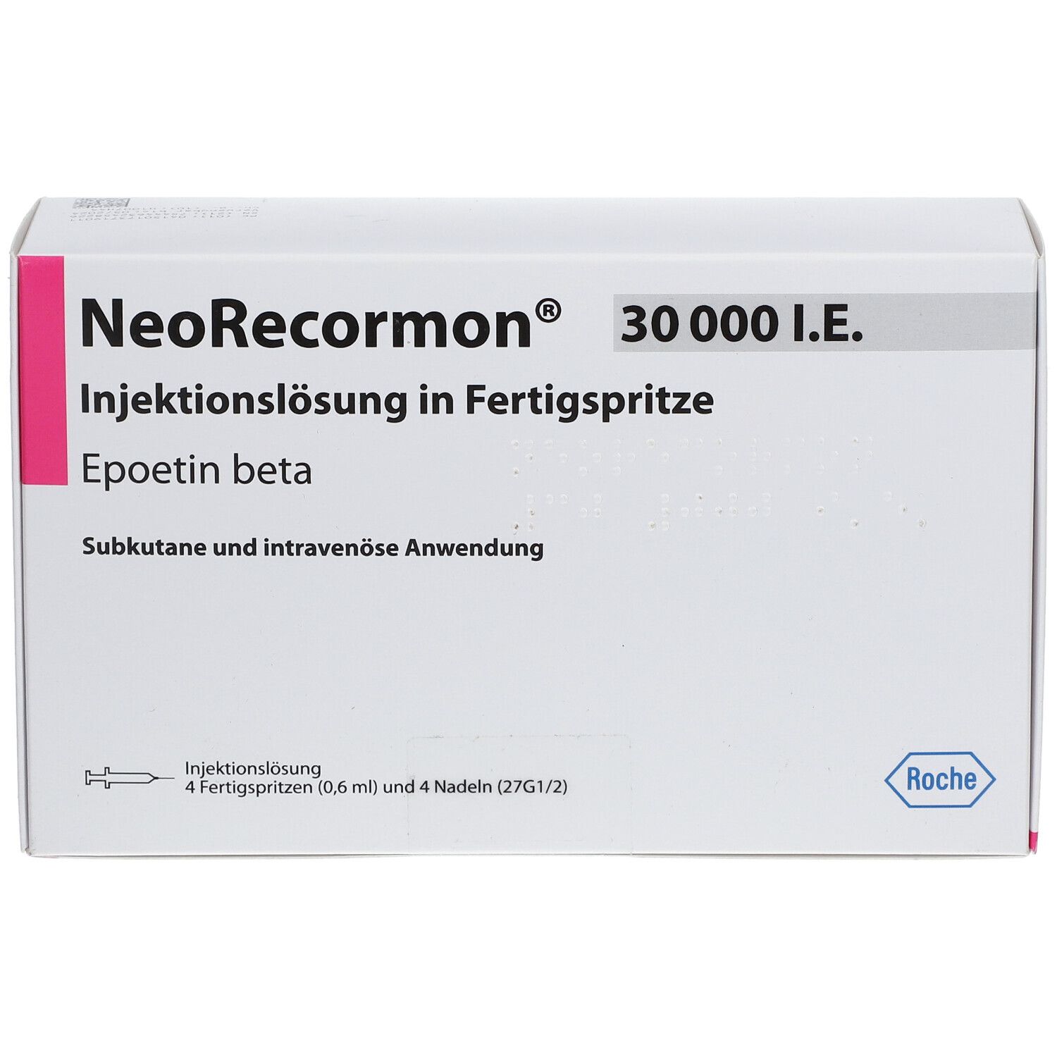 Weiße Faltschachtel mit NeoRecormon 30.000 I.E. Aufschrift. Enthält Injektionslösung in Fertigspritze. Roche Logo.