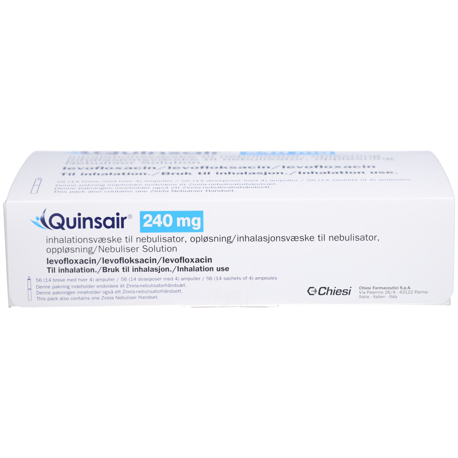 Weiße Schachtel mit blauer Aufschrift "Quinsair 240 mg". Enthält Inhalationslösung für Vernebler. Hersteller: Chiesi.