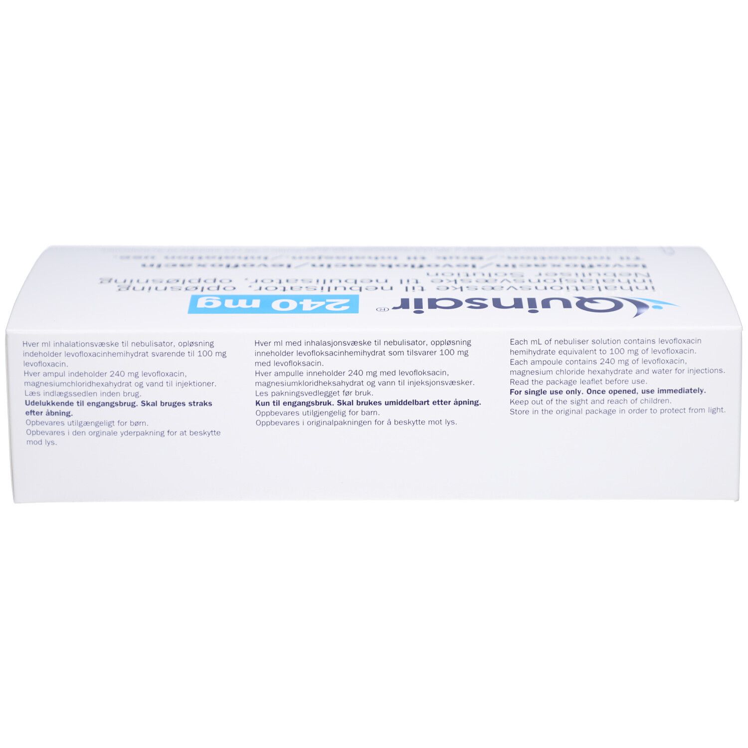 Weiße Schachtel mit blauer Aufschrift "Quinsair 240 mg". Enthält Inhalationslösung. Text in mehreren Sprachen.