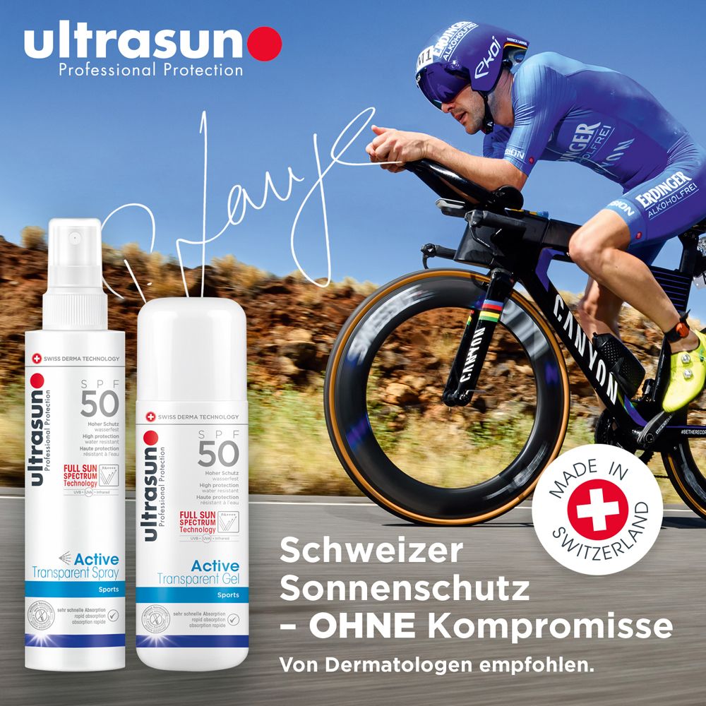 Zwei Sprays und ein Gel. Aufschrift: ultrasun, SPF 50, Active Transparent. Radfahrer im Hintergrund. Schweizer Flagge.