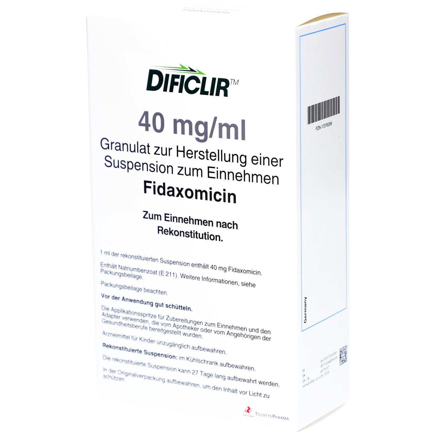 DIFICLIR 40 mg/ml, Granulat zur Herstellung einer Suspension zum Einnehmen. Fidamoximin. Weiße Verpackung mit Produktinformationen.
