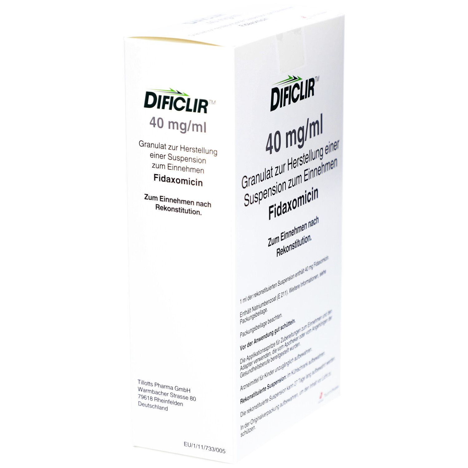DIFICLIR 40 mg/ml, Granulat zur Herstellung einer Suspension zum Einnehmen. Fidamoximin. Verpackung schräg gestellt.