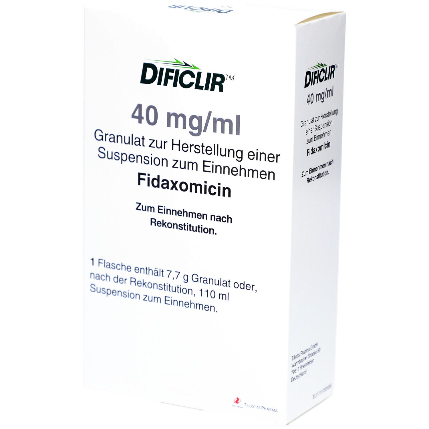 DIFICLIR 40 mg/ml, Granulat zur Herstellung einer Suspension zum Einnehmen. Fidamoximin. Verpackung mit Produktinformationen.