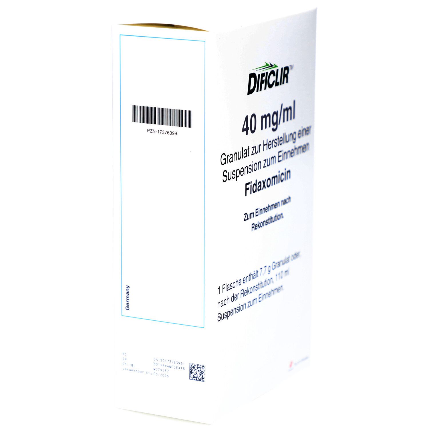 DIFICLIR 40 mg/ml, Granulat zur Herstellung einer Suspension zum Einnehmen. Fidamoximin. Verpackung mit Barcode.