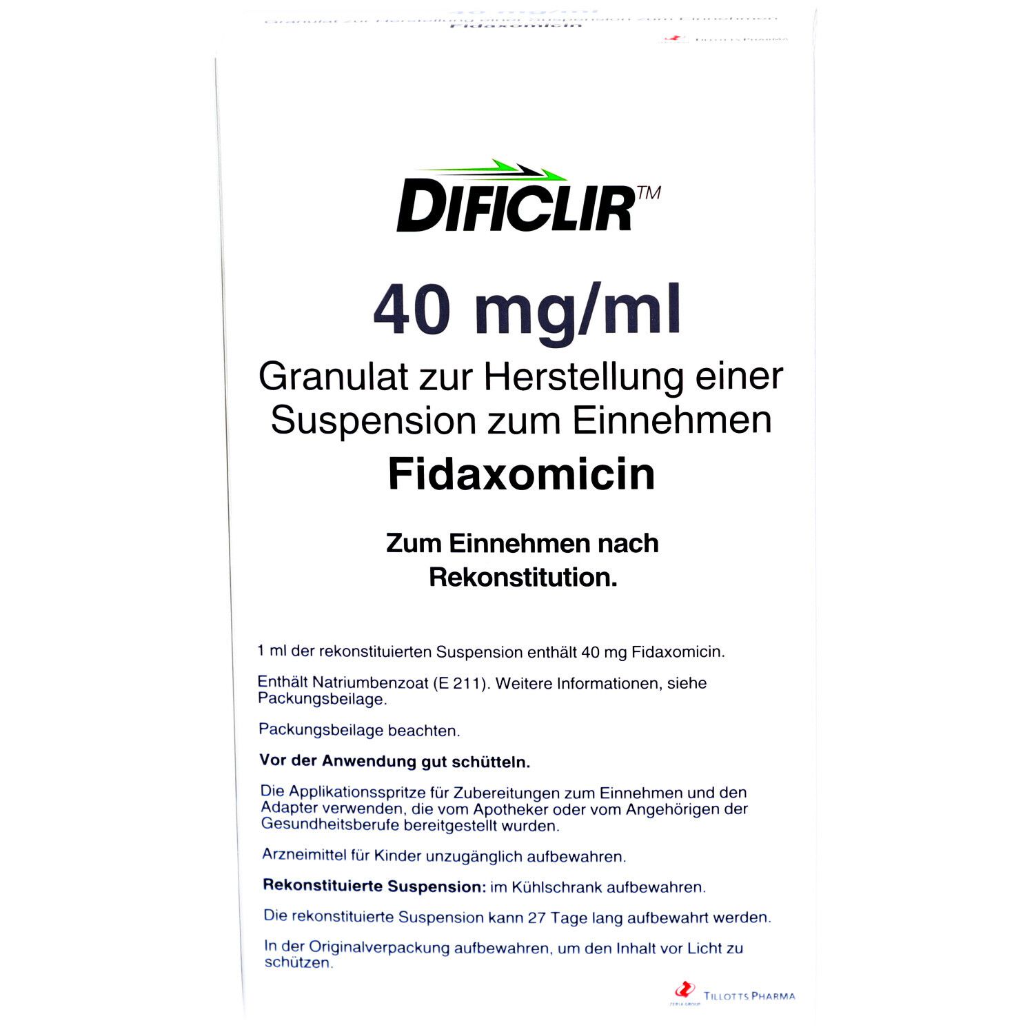 DIFICLIR 40 mg/ml, Granulat zur Herstellung einer Suspension zum Einnehmen. Fidamoximin. Weiße Verpackung mit Text.