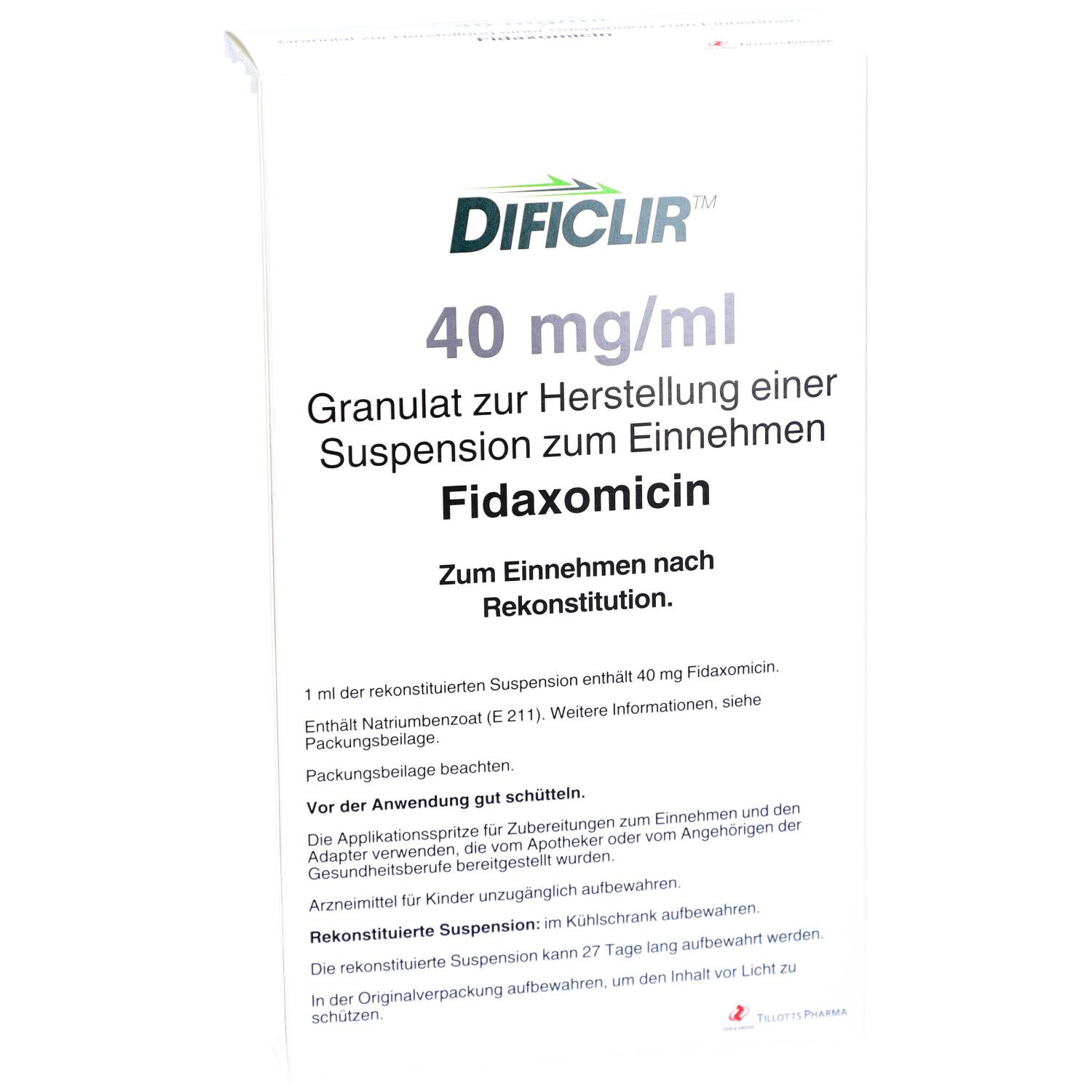 DIFICLIR 40 mg/ml, Granulat zur Herstellung einer Suspension zum Einnehmen. Fidamoximin. Weiße Verpackung mit Text.