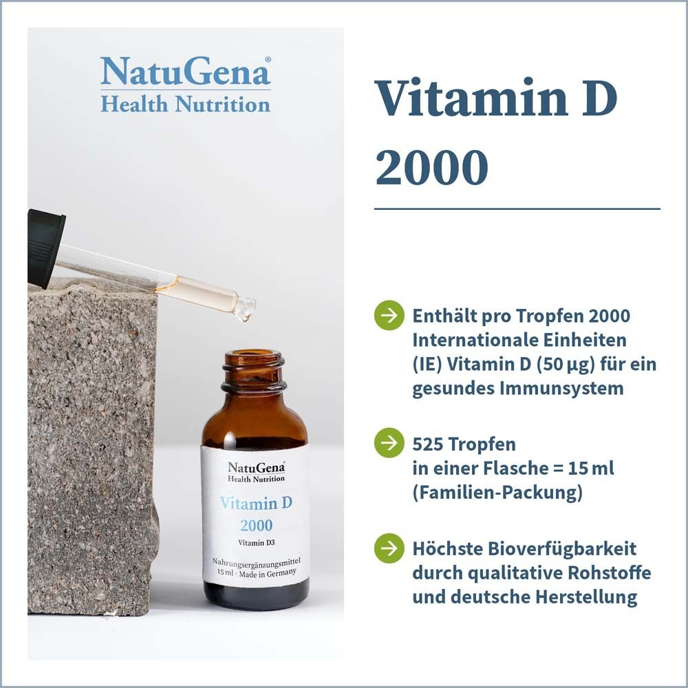 Tropfflasche mit Tropfen. Text: NatuGena, Vitamin D 2000. 525 Tropfen in 15 ml. Hohe Bioverfügbarkeit.