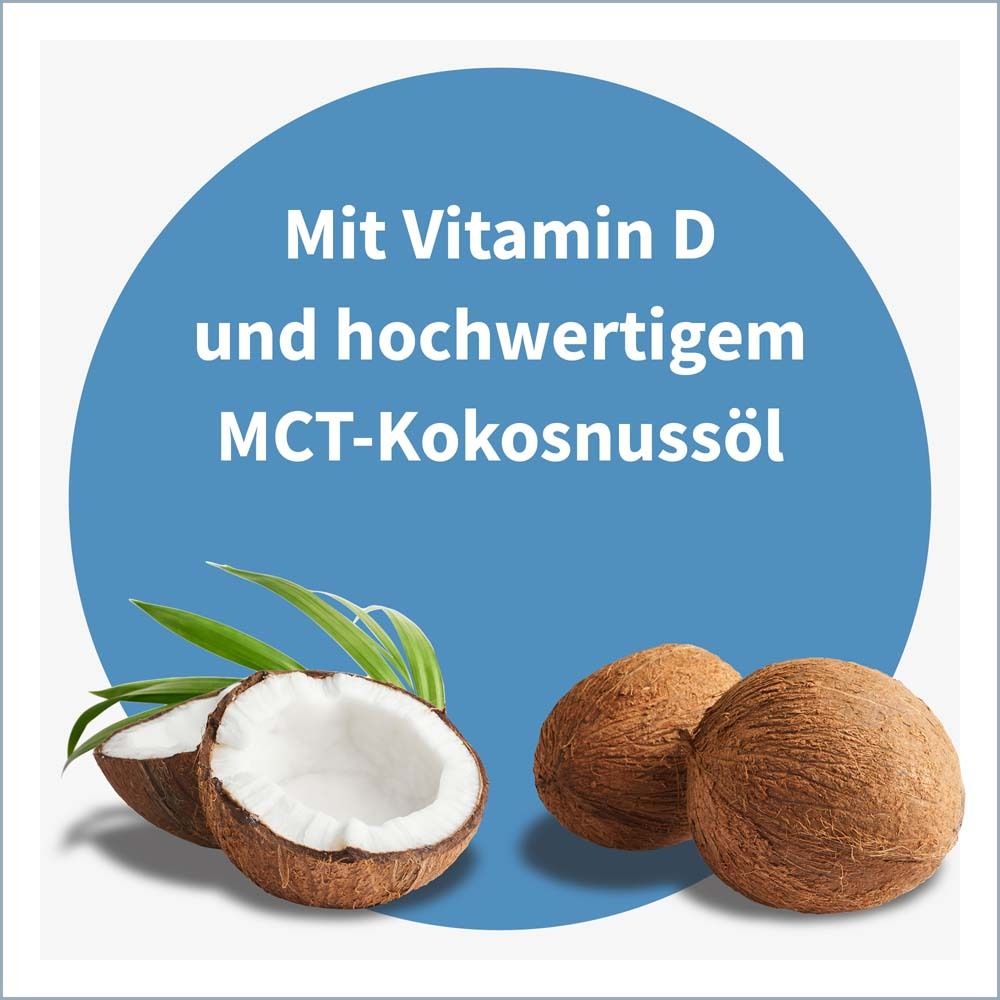 Kokosnüsse und Text: Mit Vitamin D und hochwertigem MCT-Kokosnussöl.