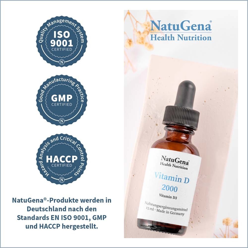 Tropfflasche mit Text: NatuGena, Vitamin D 2000. ISO 9001, GMP, HACCP zertifiziert. Hergestellt in Deutschland.