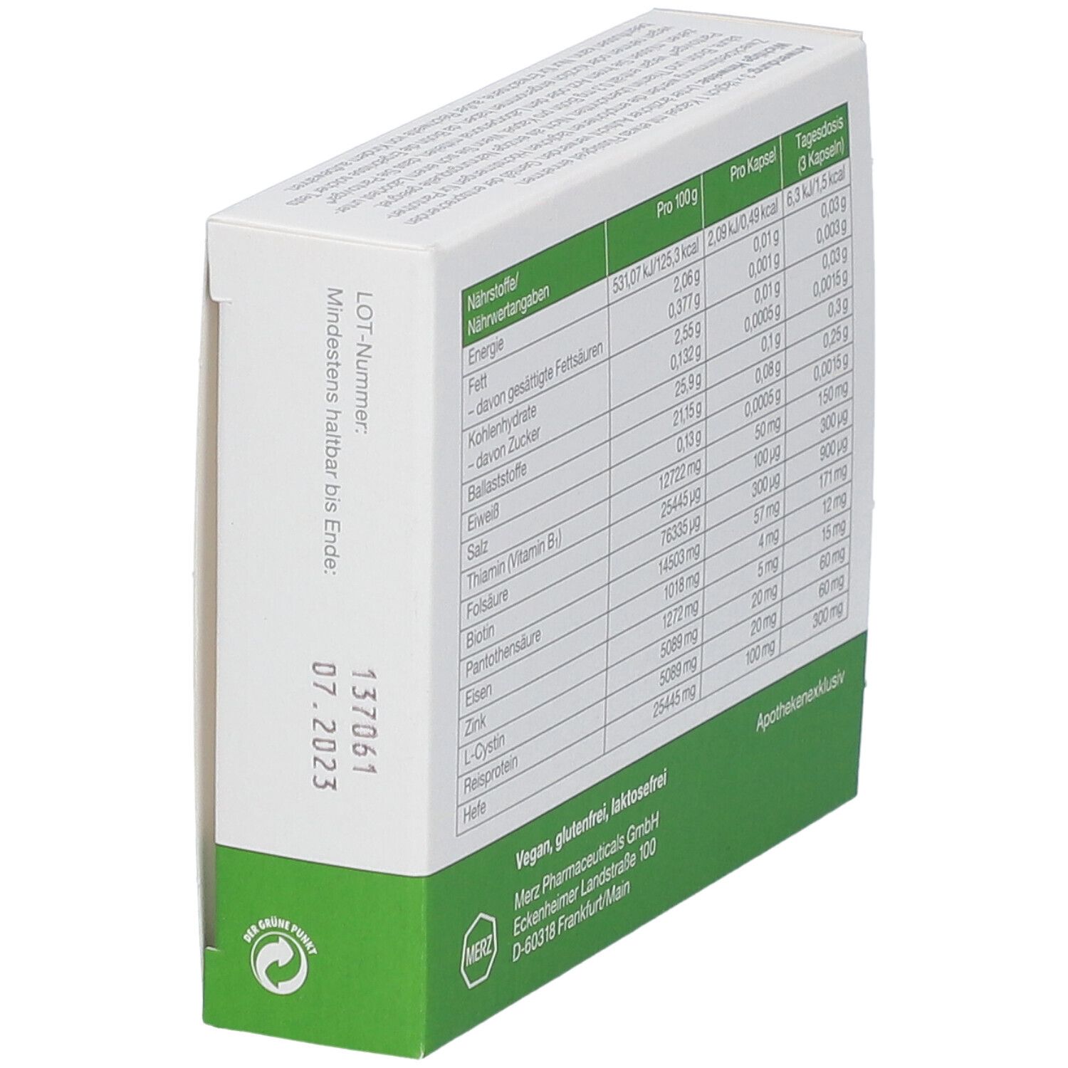 Weiße Schachtel mit "pantovigar" und "vegan" Schriftzug. Grünes Feld mit Text und Haarsymbolen. Enthält 30 Kapseln.