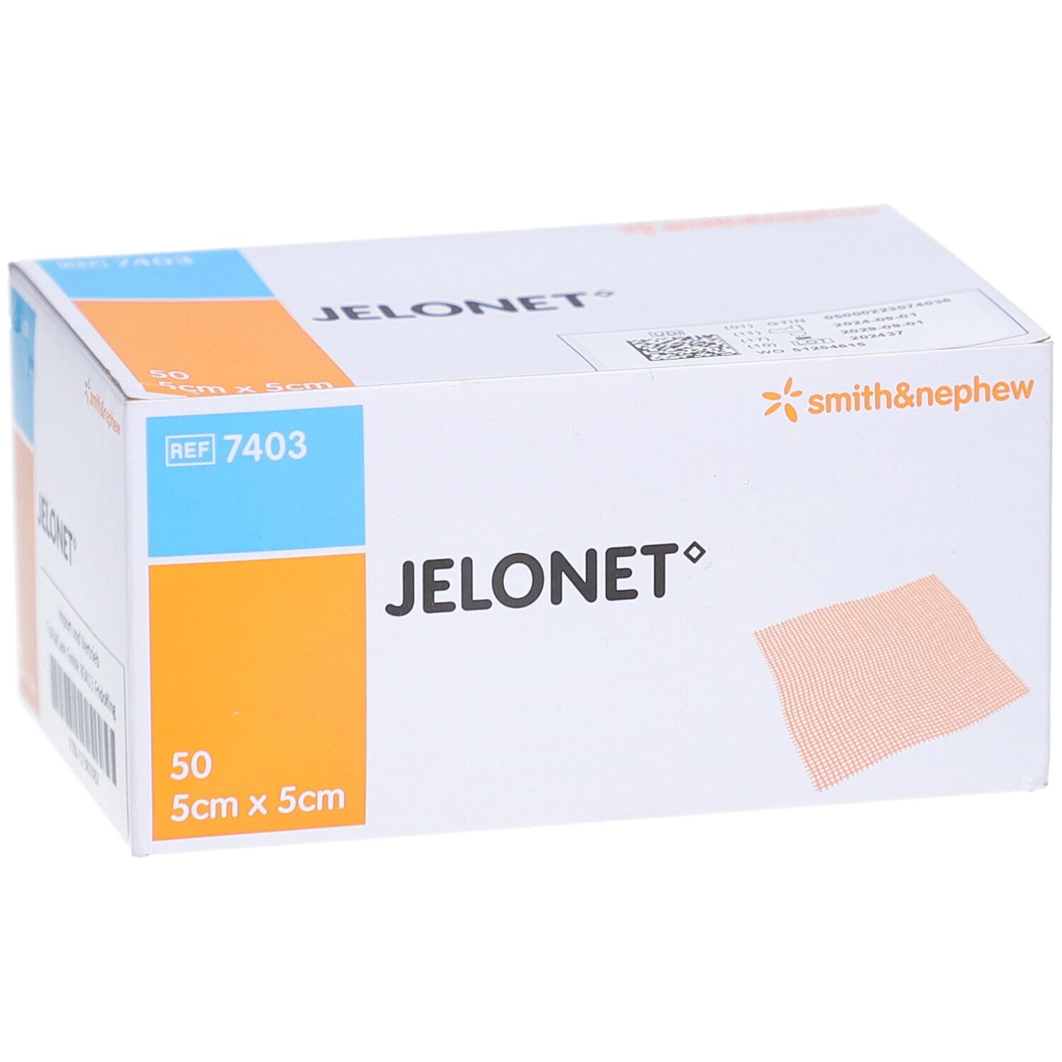 Verpackung mit JELONET Gazeverband. Aufschrift: 50 Stück, 5cm x 5cm. Marke: smith&nephew. Orange und blaue Akzente.