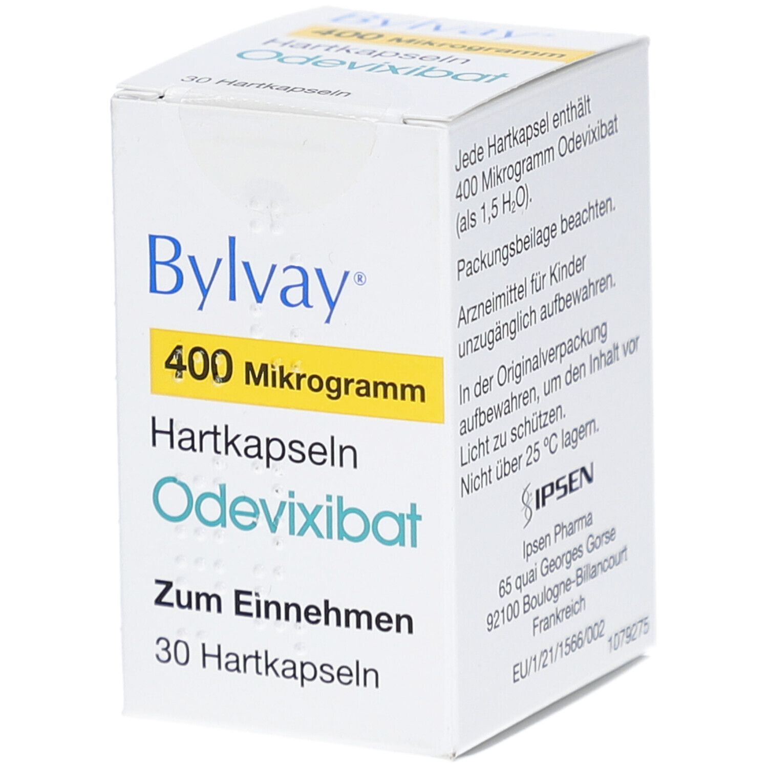 Schachtel mit Bylvay 400 Mikrogramm Hartkapseln. Enthält 30 Kapseln. Aufschrift: Odeivixibat, zum Einnehmen.