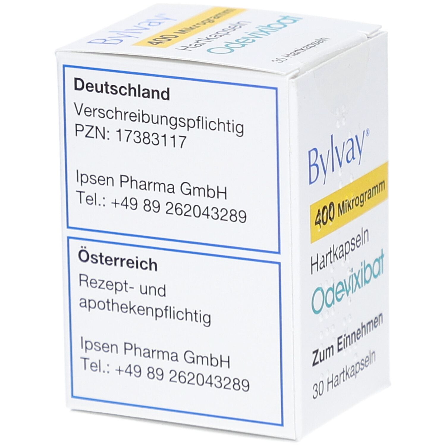 Schachtel Bylvay 400 Mikrogramm Hartkapseln. Aufschrift: Deutschland, Verschreibungspflichtig. Österreich, Rezept- und apothekenpflichtig.