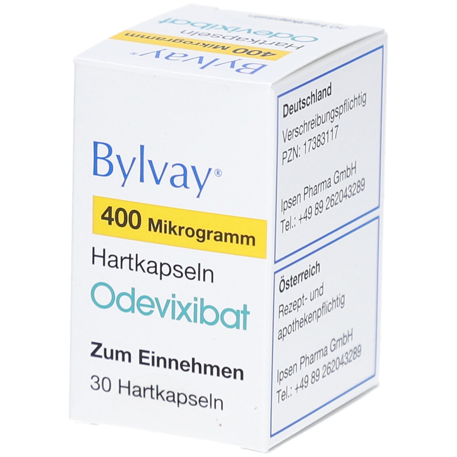 Schachtel Bylvay 400 Mikrogramm Hartkapseln. Aufschrift: Deutschland, Verschreibungspflichtig. Österreich, Rezept- und apothekenpflichtig.