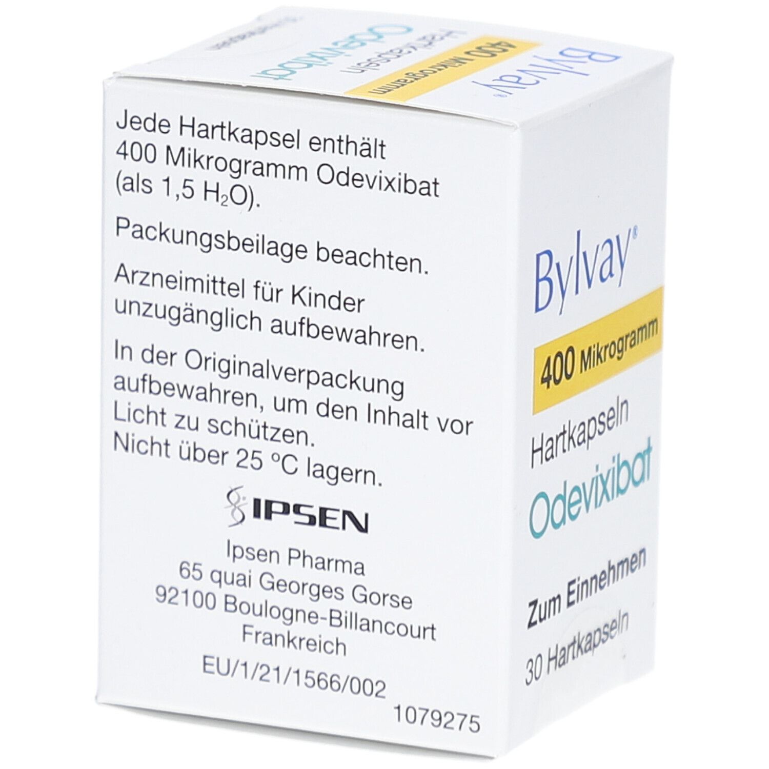 Schachtel mit Bylvay 400 Mikrogramm Hartkapseln. Enthält 30 Kapseln. Aufschrift: Odeivixibat, zum Einnehmen.