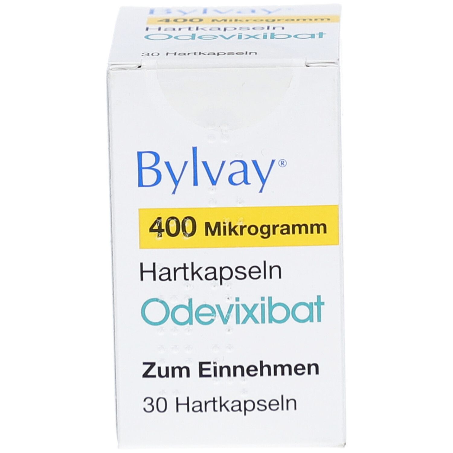 Schachtel Bylvay 400 Mikrogramm Hartkapseln. Aufschrift: Odeivixibat, zum Einnehmen. Enthält 30 Hartkapseln.