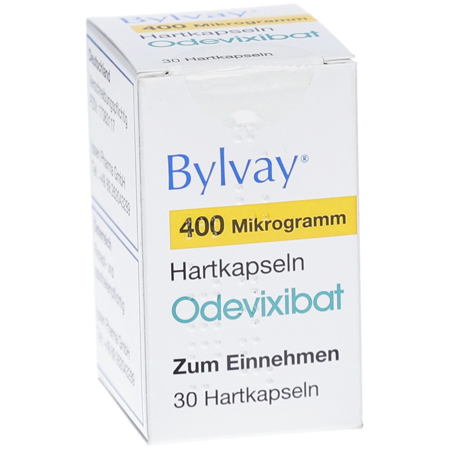 Schachtel Bylvay 400 Mikrogramm Hartkapseln. Aufschrift: Odeivixibat, zum Einnehmen. Enthält 30 Hartkapseln.