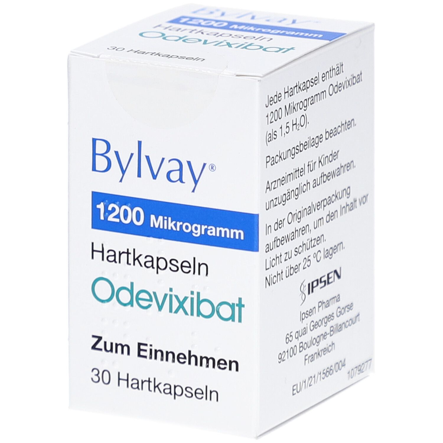 Weiße Faltschachtel mit blauer und türkiser Schrift. Enthält 30 Hartkapseln. Aufschrift: Bylvay 1200 Mikrogramm Hartkapseln.
