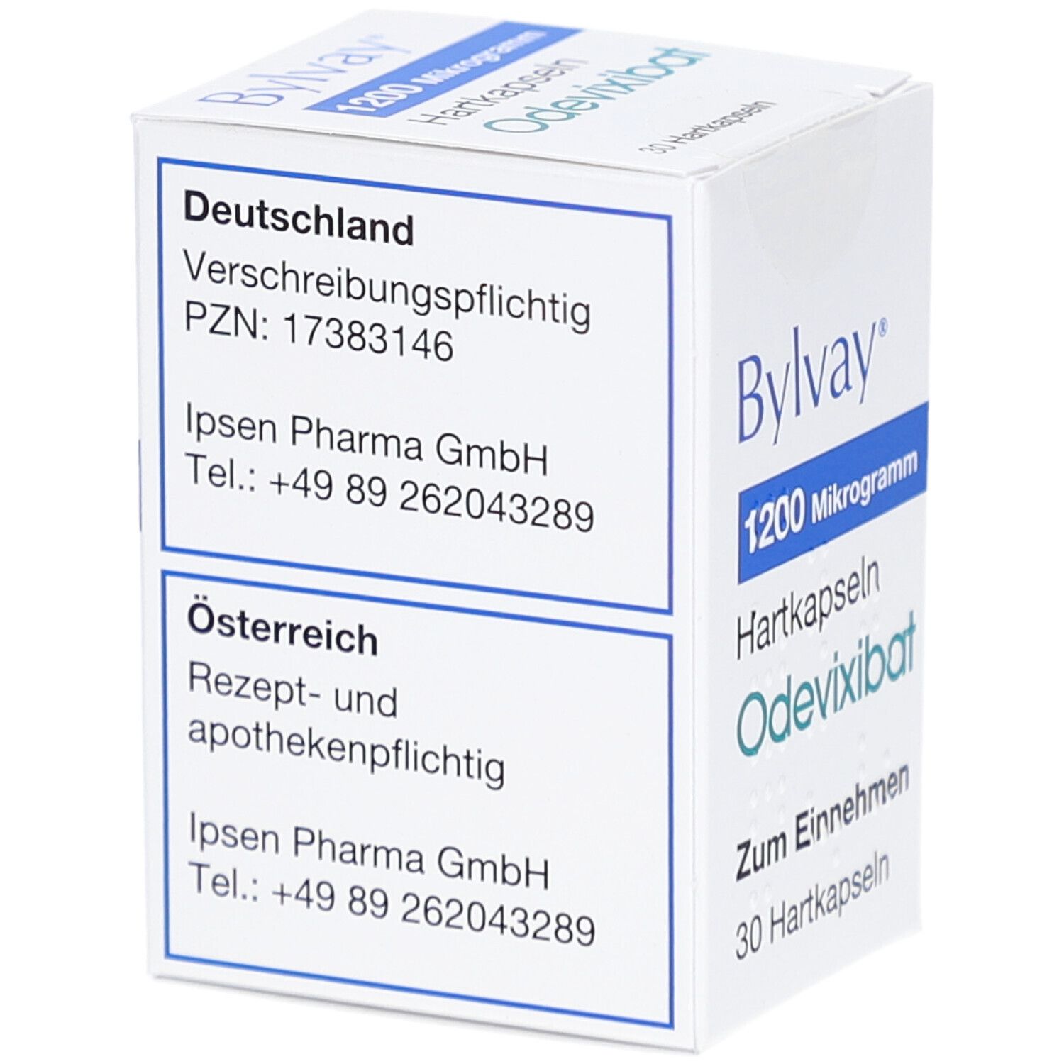 Weiße Faltschachtel mit blauer und türkiser Schrift. Enthält 30 Hartkapseln. Aufschrift: Bylvay 1200 Mikrogramm Hartkapseln.