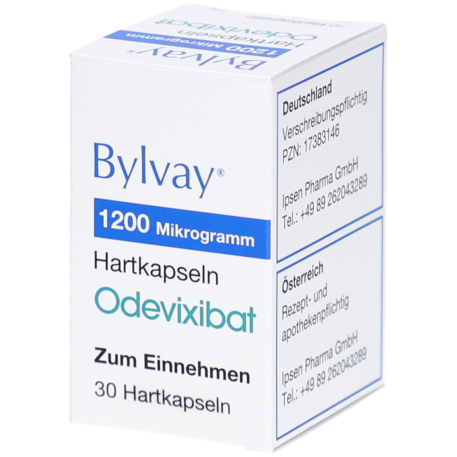 Weiße Faltschachtel mit blauer und türkiser Schrift. Enthält 30 Hartkapseln. Aufschrift: Bylvay 1200 Mikrogramm Hartkapseln.