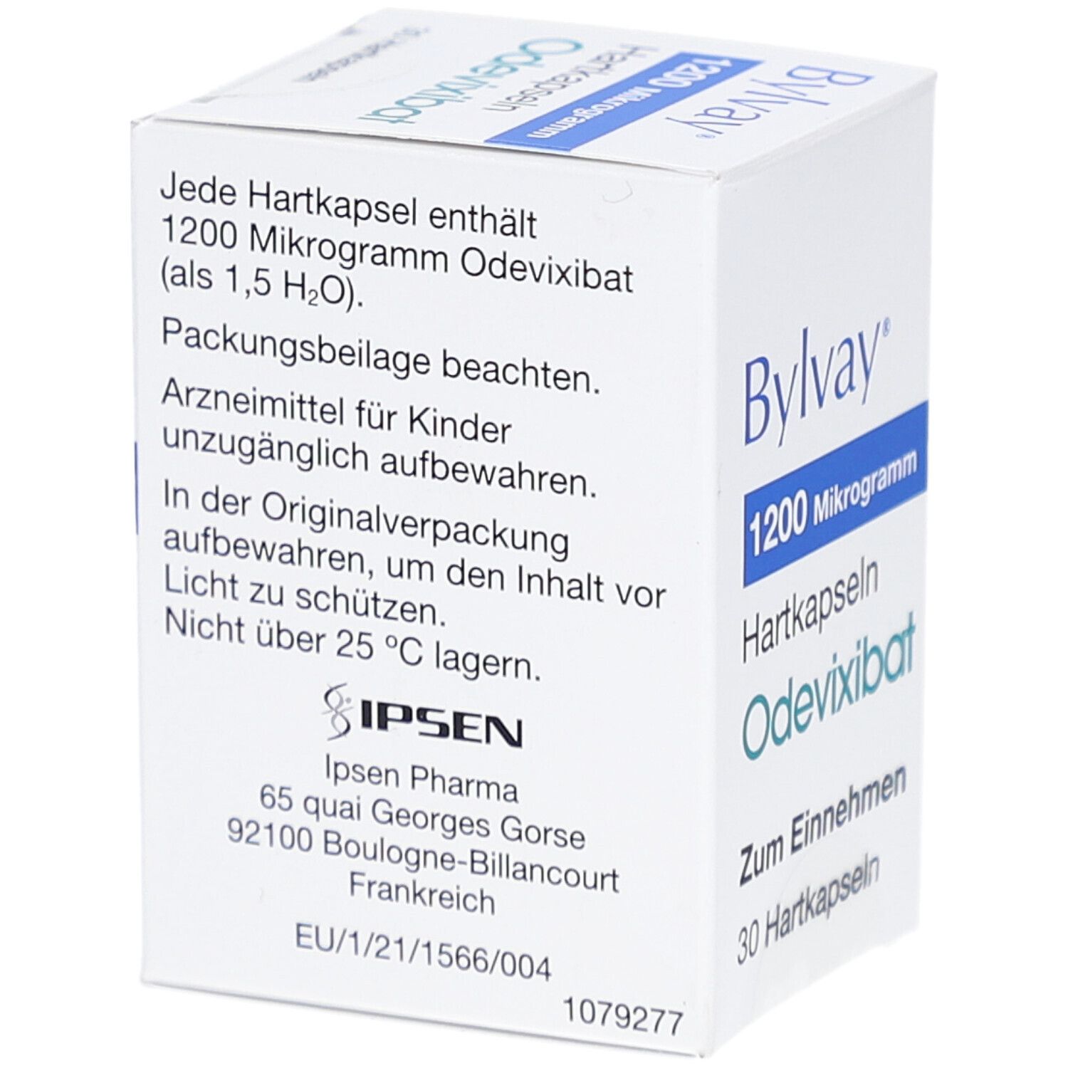 Weiße Faltschachtel mit blauer und türkiser Schrift. Enthält 30 Hartkapseln. Aufschrift: Bylvay 1200 Mikrogramm Hartkapseln.