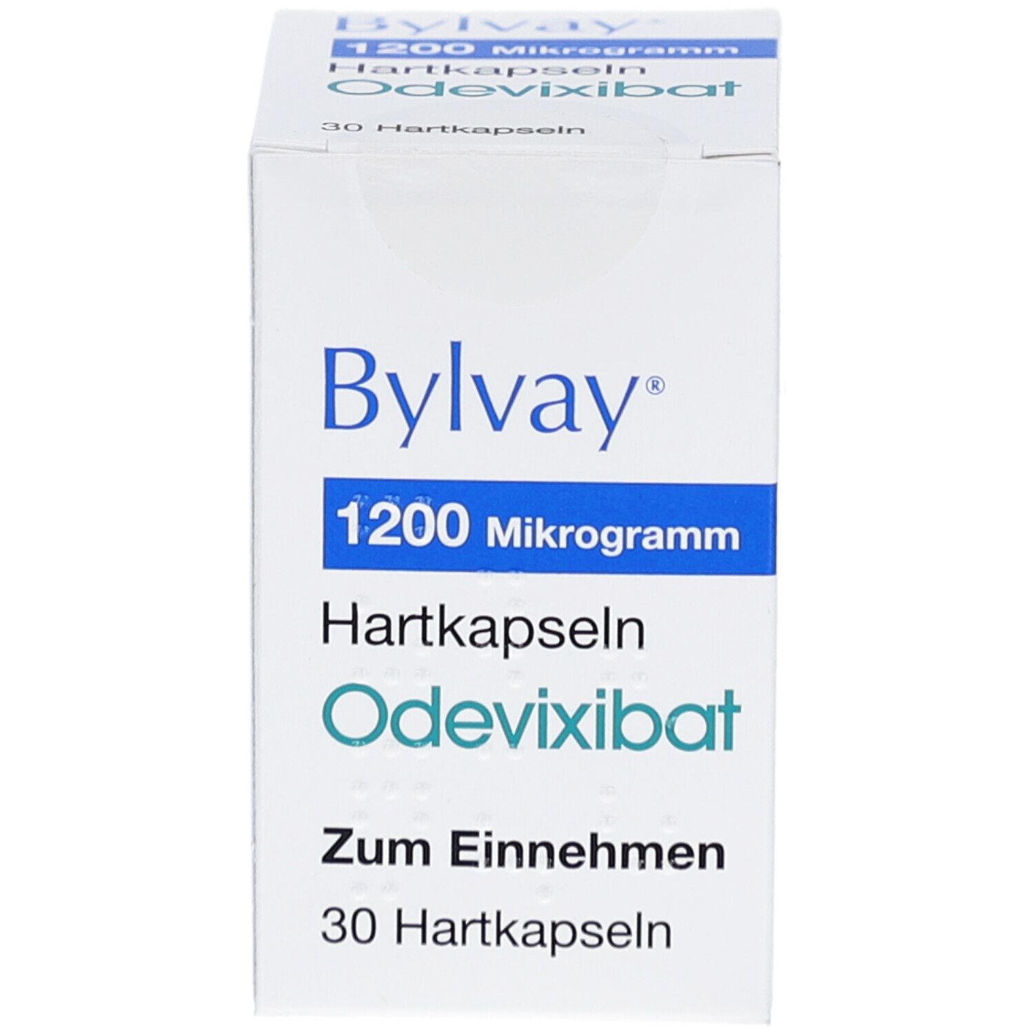 Weiße Faltschachtel mit blauer und türkiser Schrift. Enthält 30 Hartkapseln. Aufschrift: Bylvay 1200 Mikrogramm Hartkapseln.