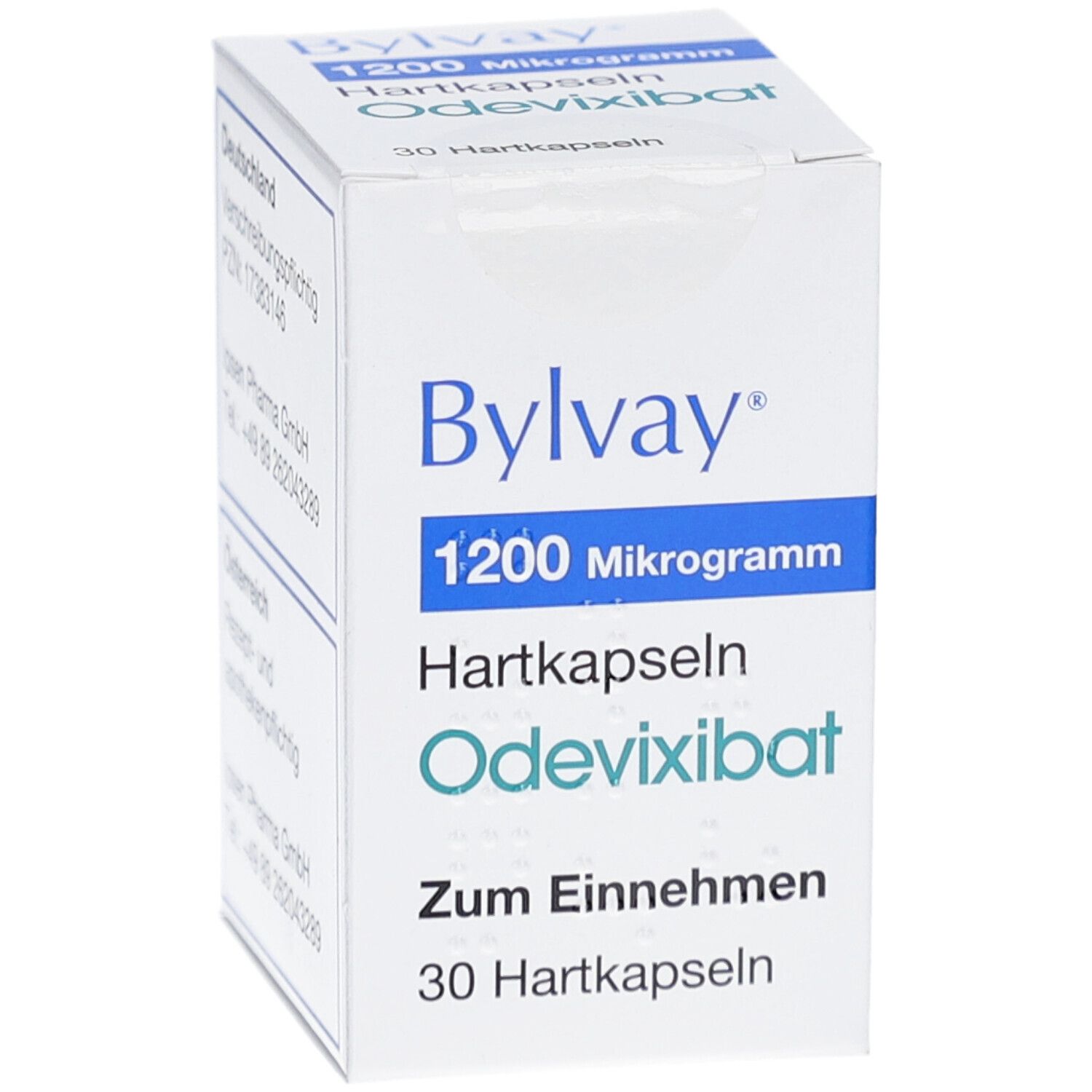 Weiße Faltschachtel mit blauer und türkiser Schrift. Enthält 30 Hartkapseln. Aufschrift: Bylvay 1200 Mikrogramm Hartkapseln.