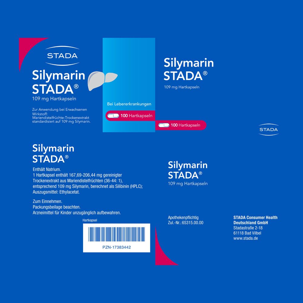 Produktverpackung von Silymarin STADA® 109 mg Hartkapseln. Enthält 100 Kapseln. Blaue Schachtel.