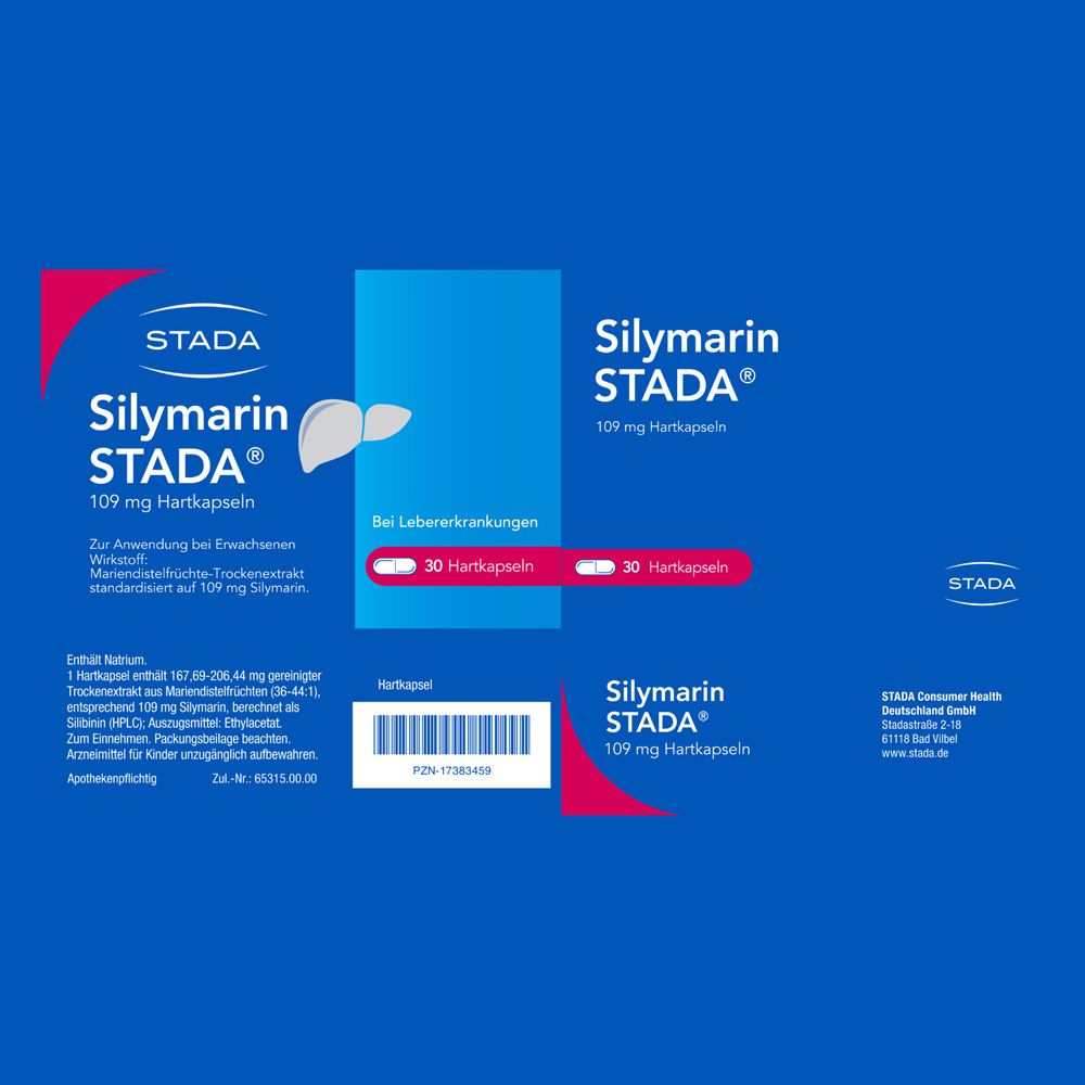 Geöffnete Packung Silymarin STADA® 109 mg Hartkapseln. 30 Kapseln. Text: Bei Lebererkrankungen. Rückseite mit Produktinformationen.