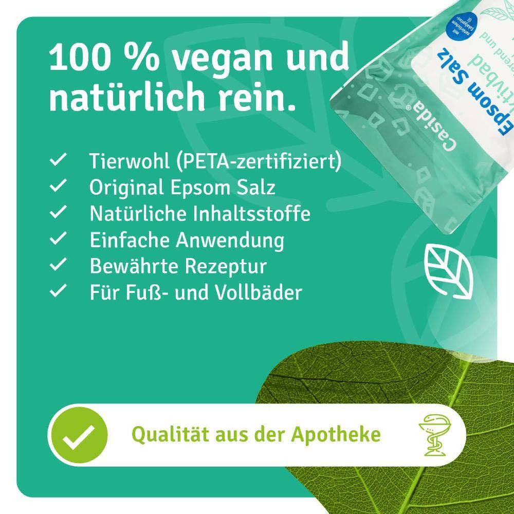 Eigenschaften des Epsom Salz Aktivbads: vegan, tierwohlzertifiziert, Original Epsom Salz, natürliche Inhaltsstoffe, einfache Anwendung.