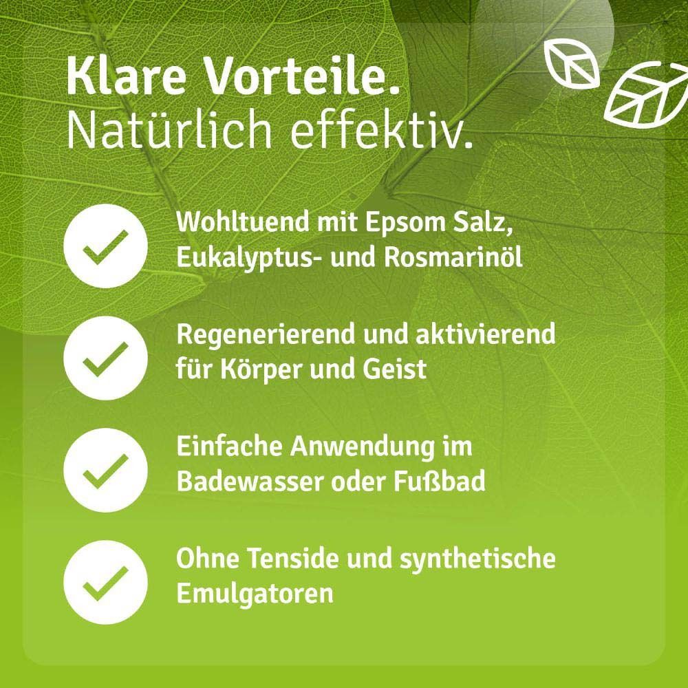 Vorteile des Epsom Salz Aktivbads: wohltuend, regenerierend, einfache Anwendung, ohne Tenside und synthetische Emulgatoren.