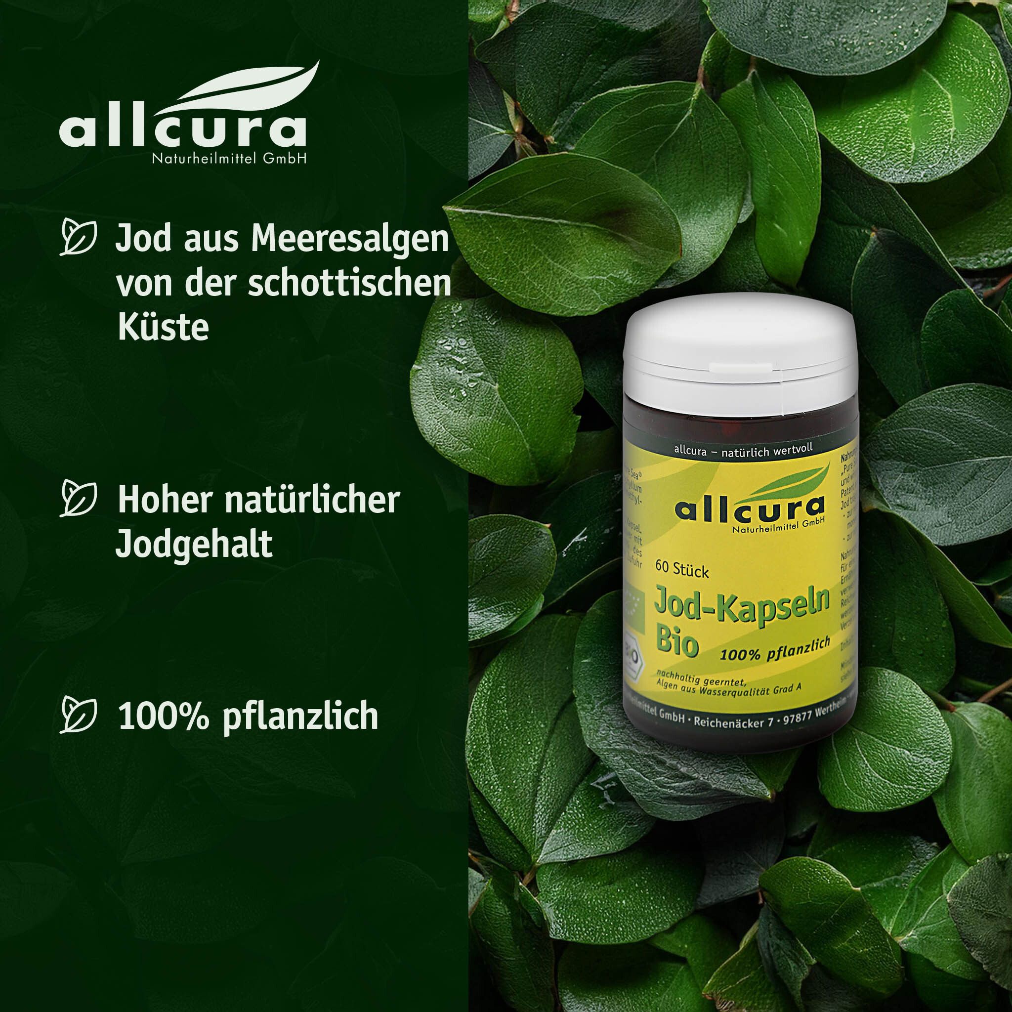 Braune Dose mit weißem Deckel. Auf Blättern. Text: Jod aus Meeresalgen, hoher Jodgehalt, 100% pflanzlich.