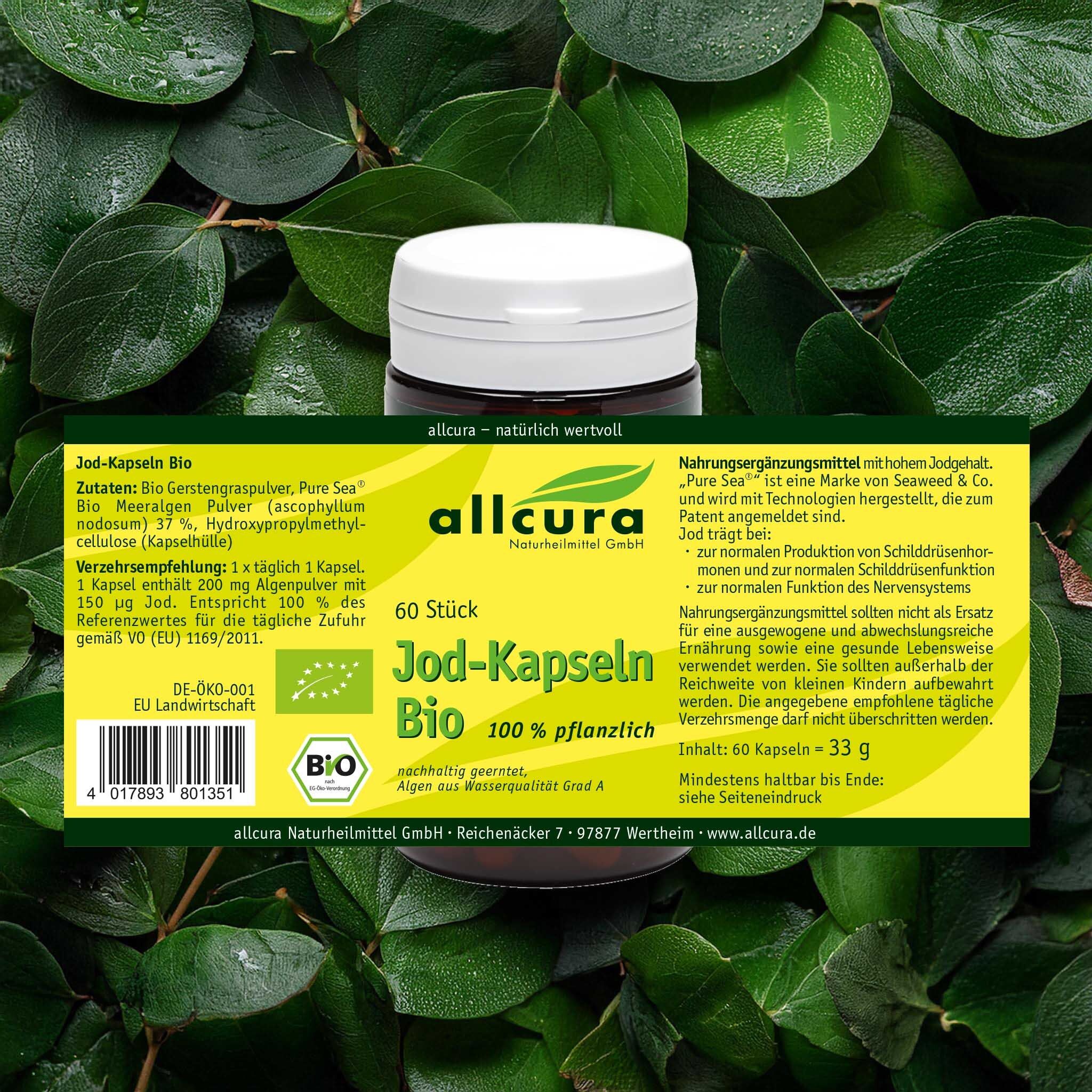 Braune Dose mit weißem Deckel auf Blättern. Aufschrift: allcura Jod-Kapseln BIO, 60 Stück. Zutatenliste.