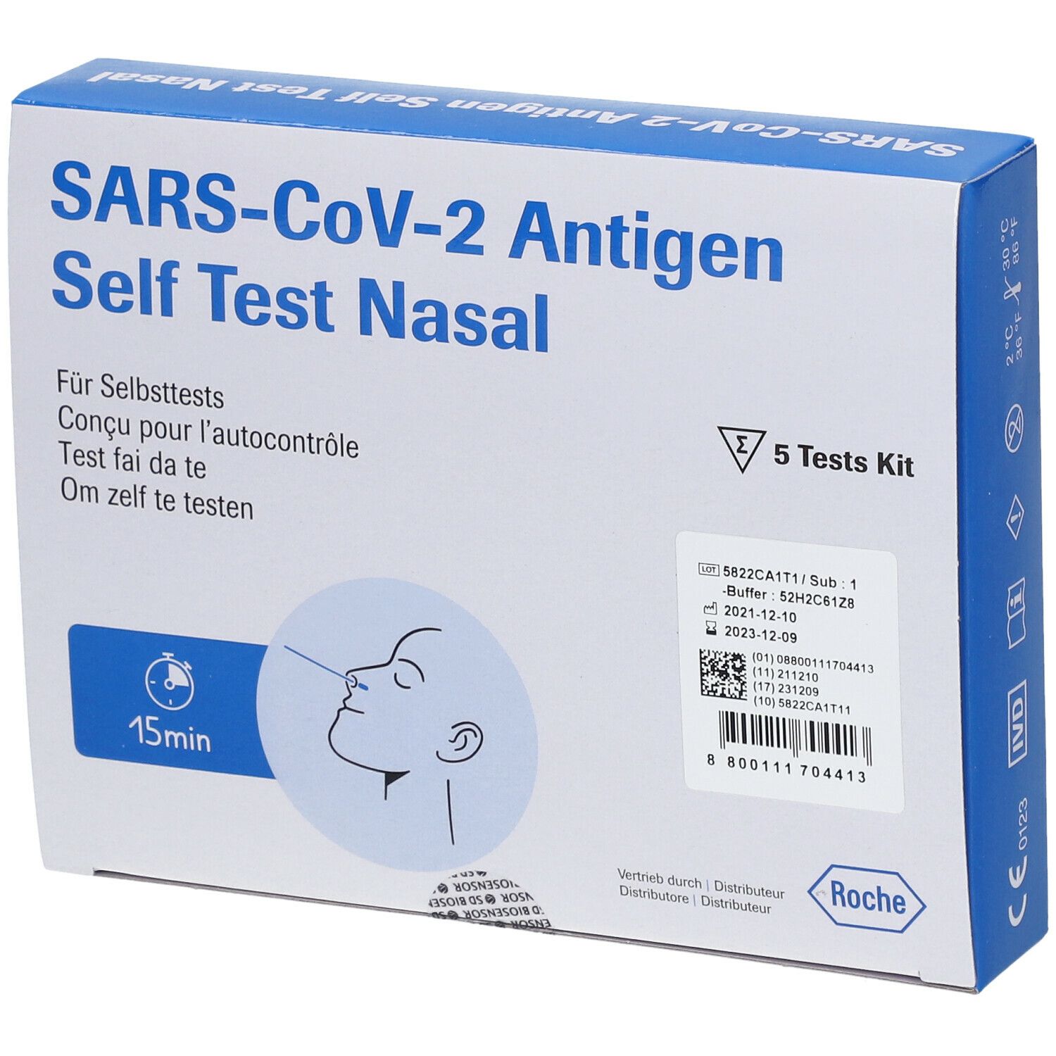 Schachtel mit SARS-CoV-2 Antigen Selbsttest Nasal. Enthält 5 Tests. Aufschrift: 15 Minuten, Roche. Illustration einer Nase.