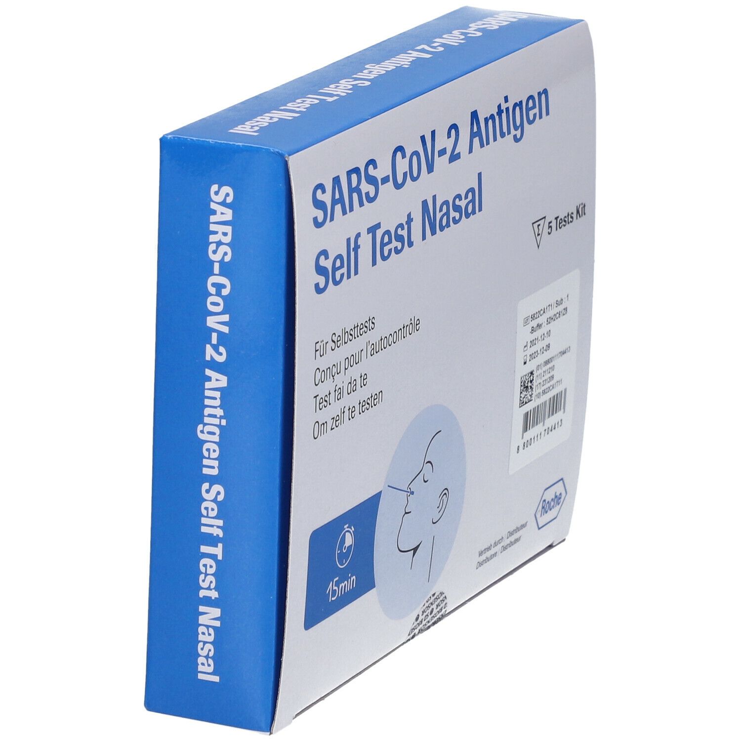 Schachtel mit SARS-CoV-2 Antigen Selbsttest Nasal. Blaue und weiße Verpackung. Enthält 5 Tests. Aufschrift: Roche.