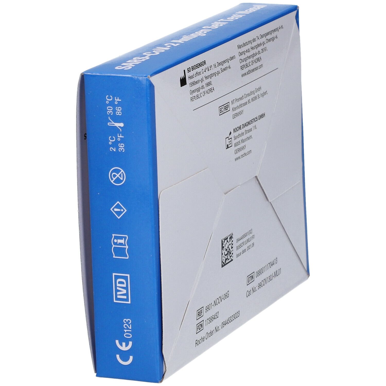 Seitenansicht der Schachtel mit SARS-CoV-2 Antigen Selbsttest Nasal. Aufschrift: IVD, CE-Kennzeichnung, Temperaturangaben.
