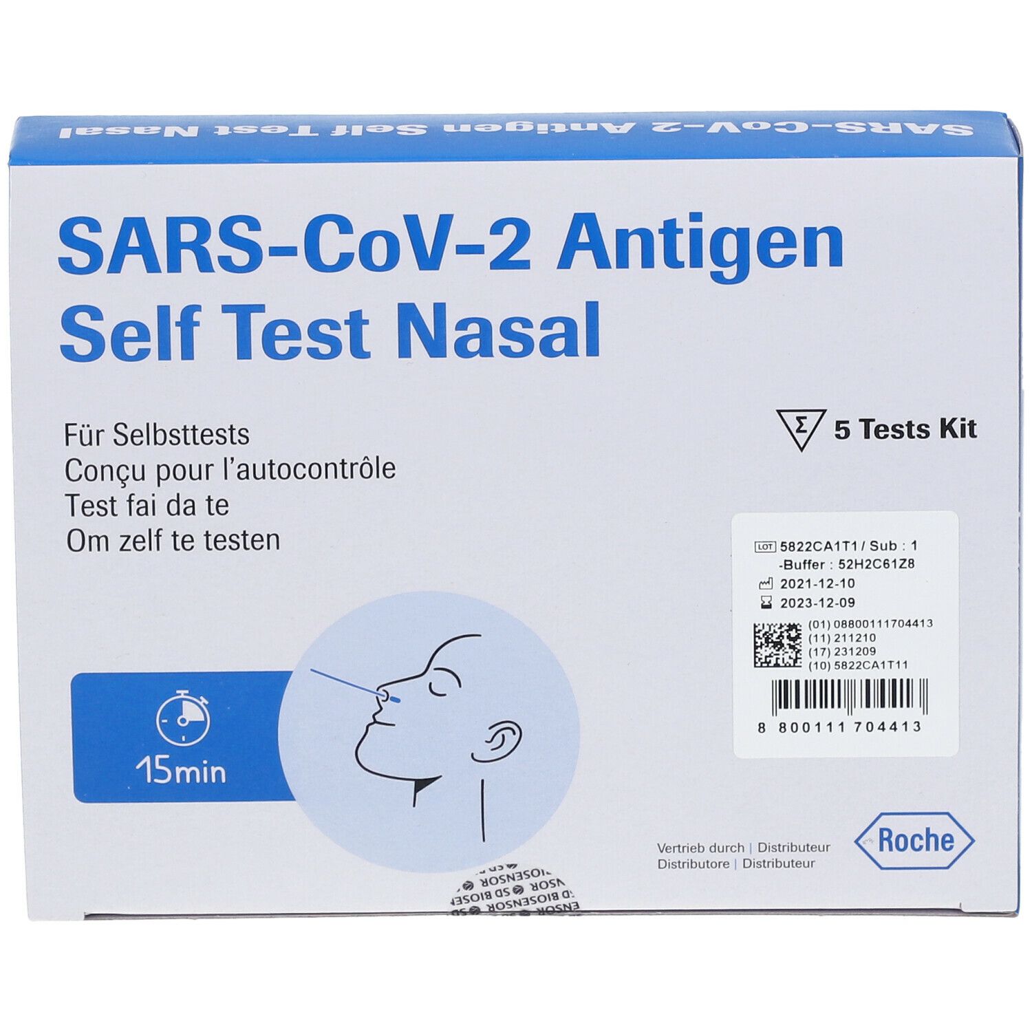 Schachtel mit SARS-CoV-2 Antigen Selbsttest Nasal. Enthält 5 Tests. Aufschrift: 15 Minuten, Roche. Illustration einer Nase.