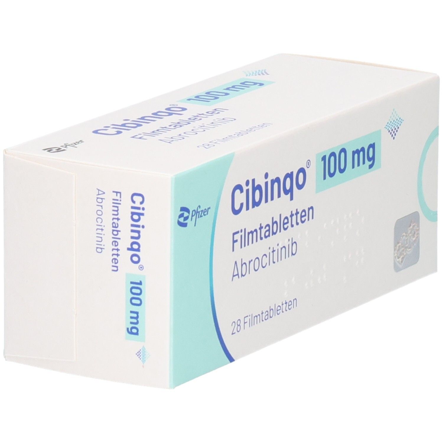 Schachtel mit CIBINQO 100 mg Filmtabletten. Aufschrift: 28 Filmtabletten, Abrocitinib.