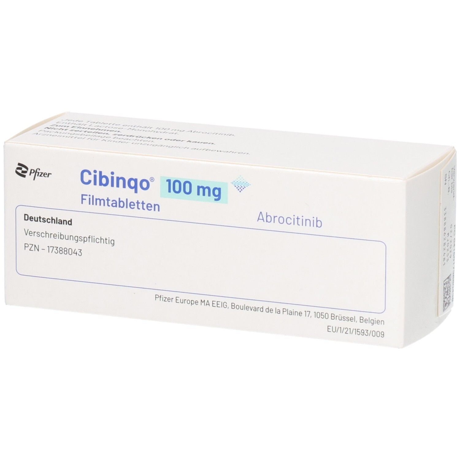 Schachtel mit CIBINQO 100 mg Filmtabletten. Aufschrift: Abrocitinib, 28 Filmtabletten.