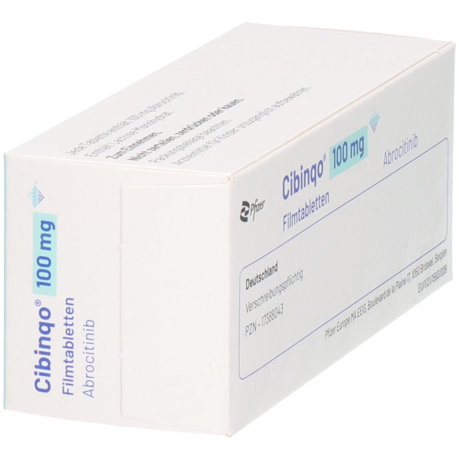 Schachtel mit CIBINQO 100 mg Filmtabletten. Aufschrift: Abrocitinib, 28 Filmtabletten.