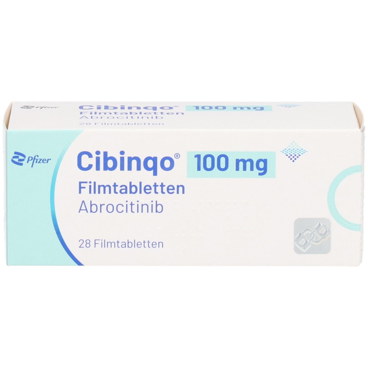 Schachtel mit CIBINQO 100 mg Filmtabletten. Aufschrift: 28 Filmtabletten, Abrocitinib.