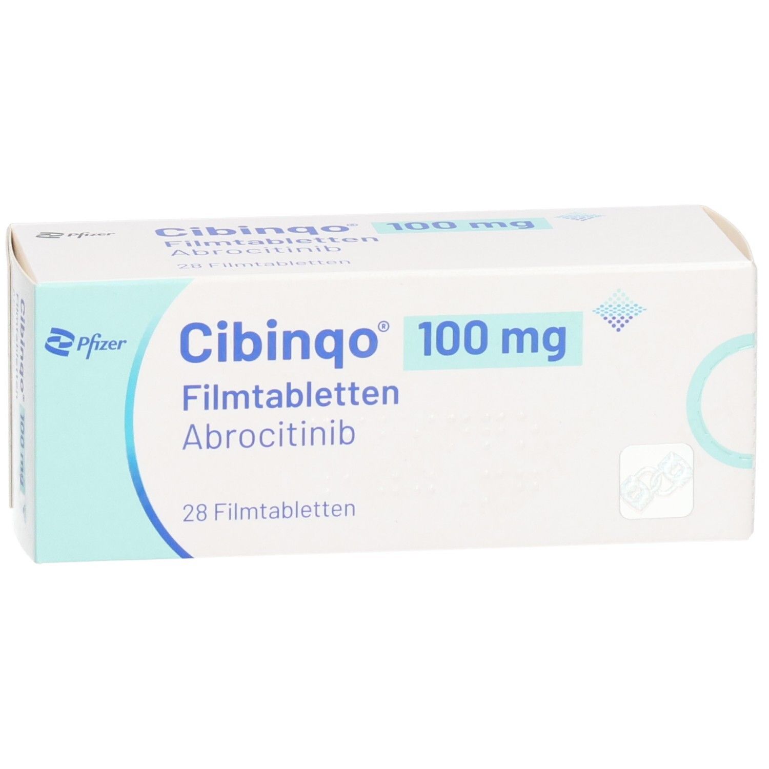 Schachtel mit CIBINQO 100 mg Filmtabletten. Aufschrift: 28 Filmtabletten, Abrocitinib.